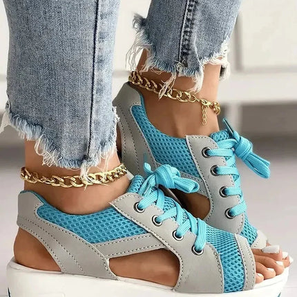 Lace Up Sandals, Peep Toe Flat Sandals with Cutout – image 9