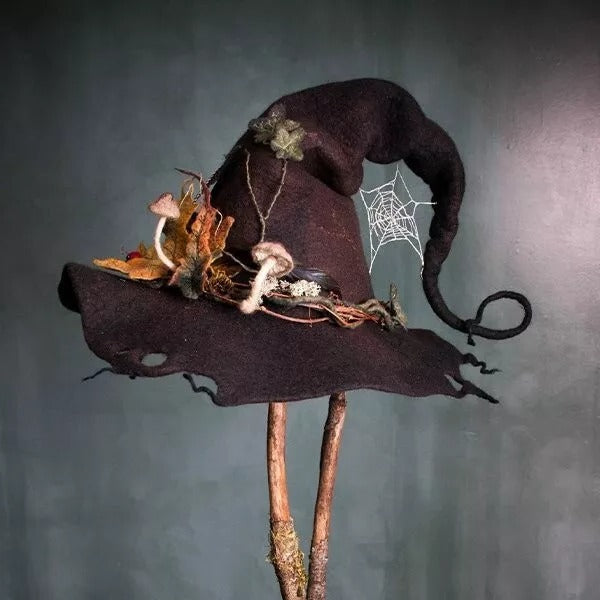 Tuzwa Handmade Wool Witch Hat – 19-Micron Felted Witch Hat with Chiffon Accents, Lightweight Stretch Fit & Nuno Felt Design