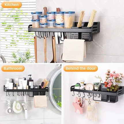 Wall Mounted Kitchen Storage Rack Organizer, Aluminum Utensil and Spice Holder with Movable Hooks and Knife Groove