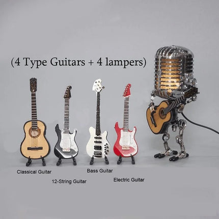 Vintage Metal Microphone Robot Lamp with Guitar, Adjustable Retro Desk Light for Music Room, Studio and Bedroom Decor