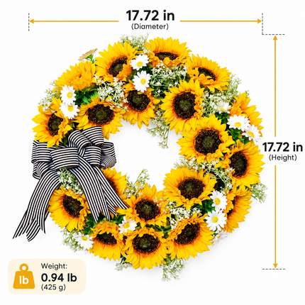 Front Door Wreath, Artificial Sunflower Wreath with Bow, 45cm Daisy and Greenery Spring Wreath for Window and Porch