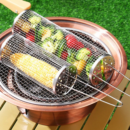 Round Stainless Steel BBQ Grill Basket with Locking Lid and Long Handle