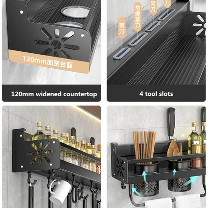 Wall Mounted Kitchen Storage Rack Organizer, Aluminum Utensil and Spice Holder with Movable Hooks and Knife Groove