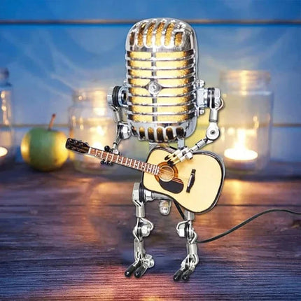 Vintage Metal Microphone Robot Lamp with Guitar, Adjustable Retro Desk Light for Music Room, Studio and Bedroom Decor
