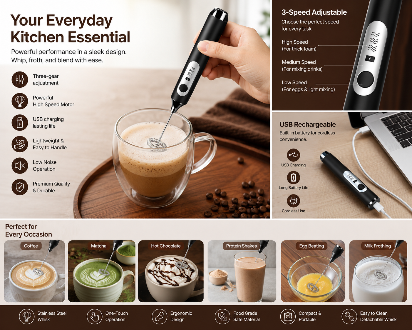 Tuzwa Wireless Electric Milk Frother & Egg Beater | USB Rechargeable Handheld Milk Frother for Coffee, Latte, Cappuccino & Matcha
