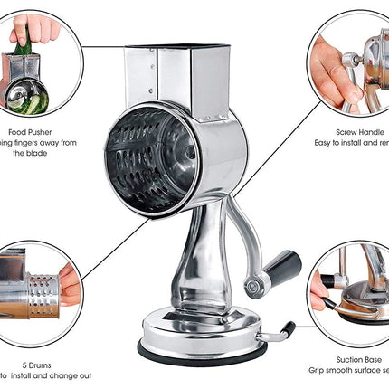 Rotary Grater with 5 Drums, Rotary Food Shredder with Food Pusher