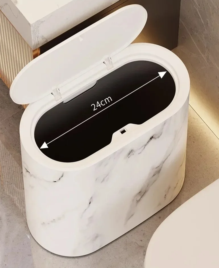 Tuzwa Bathroom Trash Can with Push Lid – Marble Design Slim Waste Bin for Small Spaces, Bedroom & Office
