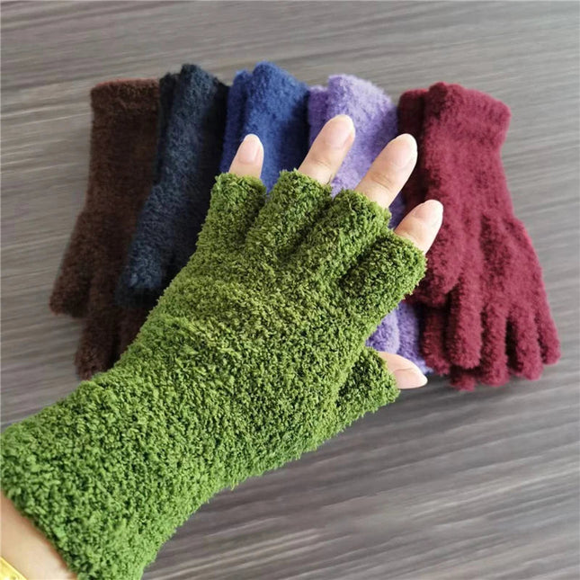 Fingerless Gloves Women and Men, Coral Fleece Lined Knit Gloves for Winter, Half Finger Typing Gloves for Texting