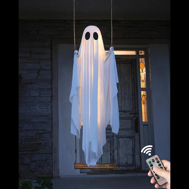 Lighted Ghost Halloween Decoration Outdoor, Swing Ghost Decoration with LED String Lights, Halloween Yard Decoration