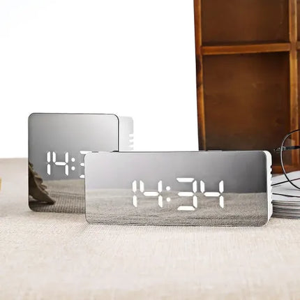 Digital Alarm Clock with Mirror and Nightlight, Bedside Clock with Temperature and Calendar, Battery Alarm Clock