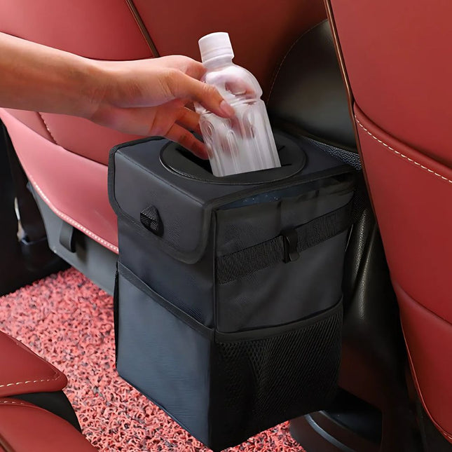 Car Trash Can with Lid, Hanging Waterproof Car Garbage Bin with Storage Pockets, Collapsible Car Organizer for Headrest