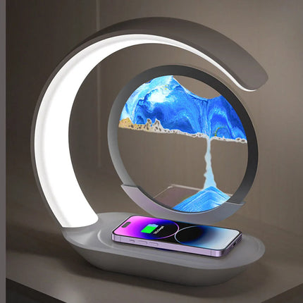 Table Lamp with Wireless Charger, 3D Moving Sand Art Desk Lamp, Rechargeable Bedside Lamp, LED Night Light for Bedroom
