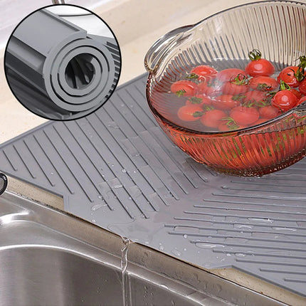 Dish Drying Mats Silicone Foldable, Countertop Drainer Pad with Drain Lip