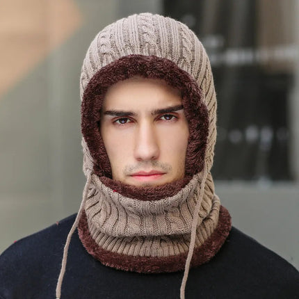 Winter Knit Hat Balaclava with Attached Scarf, Fleece Lined Neck and Ear Warmer for Men and Women
