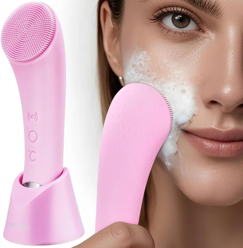 TUZWA Facial Cleansing Brush with Heat, 5 Vibration Modes, Silicone Face Scrubber, 104°F Warming Tip & Charging Stand