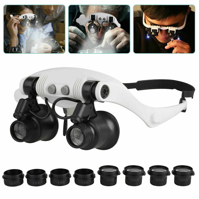 Lighted Magnifying Glasses, Headband Magnifier with 8 Lenses and LED Light, Jewelers Magnifying Glasses for Watch Repair