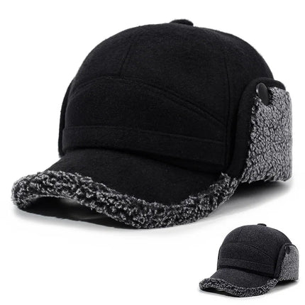 Wool Baseball Cap with Fleece Earflaps, Winter Cap with Foldable Ear and Neck Flaps and Snap Buttons, Hat with Ear Flaps