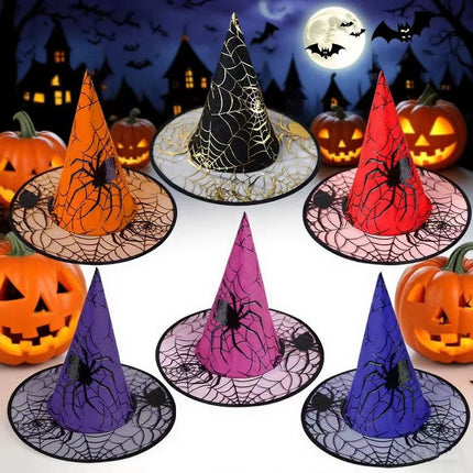 Witch Hats for Adults and Kids, Colorful Spider Web Witch Hat Halloween Costume Accessory, Foldable Halloween Decoration