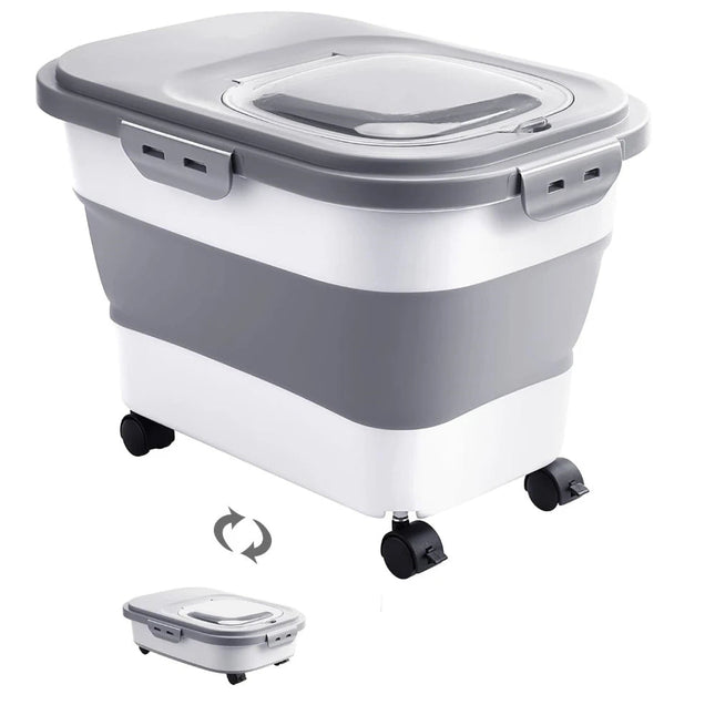 Food Storage Container with Wheels, Airtight Food Container for Pet Food, Foldable Large Storage Bin with Scoop