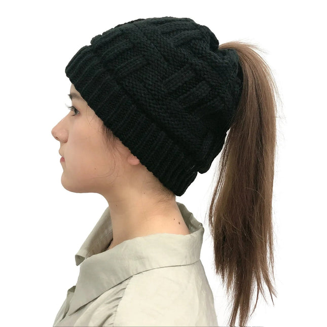 Ponytail Beanie for Women, Cable Knit Beanie Hat with Messy Bun Hole