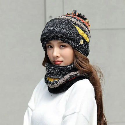 Knitted Hat Scarf Set with Velvet Lining, Pom Pom Beanie with Detachable Face Guard – image 4