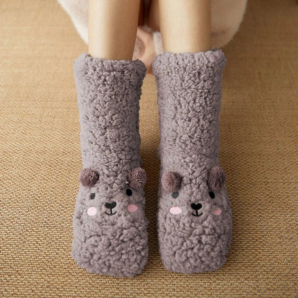 Grip Socks, Fuzzy Socks with Kawaii Bear Face and Non Slip Soles, Warm Fleece Slipper Socks for Winter