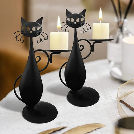 Cat Candle Holder Black Iron, Decorative Candlestick Holder with Tail Handle for Pillar Candles, Black Candle