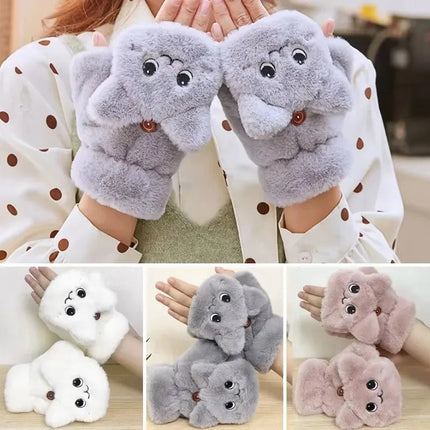 Fingerless Gloves with Flip Mitten Cover, Plush Animal Cold Weather Gloves, Cute Winter Mittens for Girls and Teens