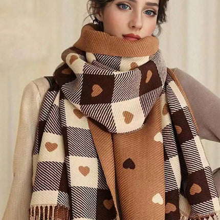 Winter Shawl, Checkered Winter Scarf with Heart Pattern, Long Scarf Shawl for Cold Weather