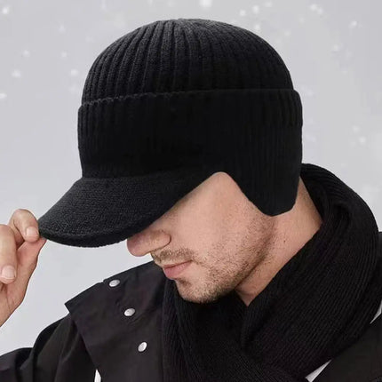 Mens Winter Hats with Plush Lining, Knit Hat with Brim and Ear Cover, Warm Thick Snow Hat for Cold Weather