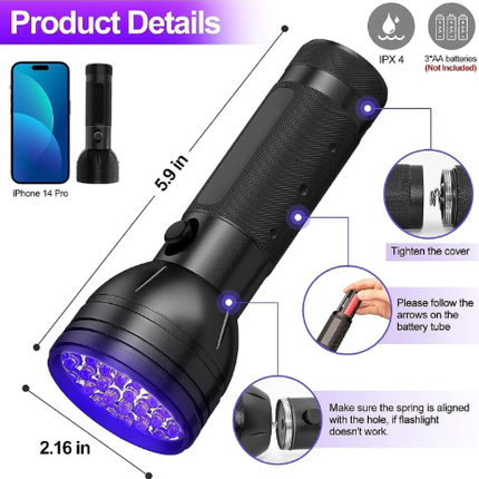 UV Flashlight Black Light, 51 LED 395nm Ultraviolet Blacklight Torch for Pet Urine Detection, Bed Bugs, Scorpions and Resin Curing