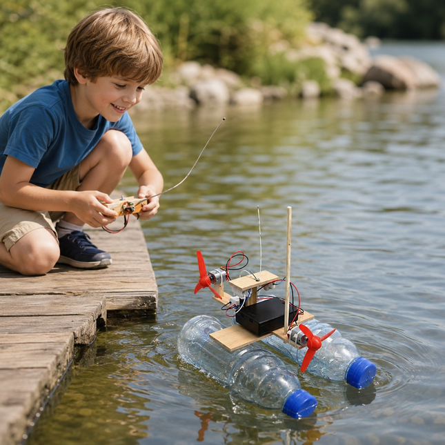 Wooden RC boat toy for kids, remote control model boat with assembly kit, 18 x 25 cm, AA battery powered