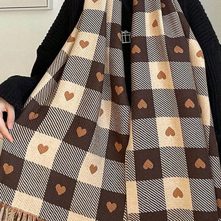Winter Shawl, Checkered Winter Scarf with Heart Pattern