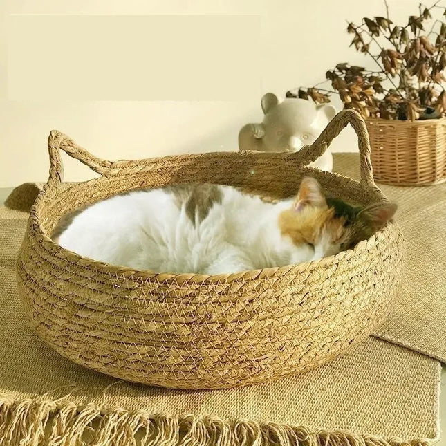 Cat Beds, Handwoven Cat Bed with Removable Seasonal Pad, Washable Pet Bed for Cats for Summer and Winter