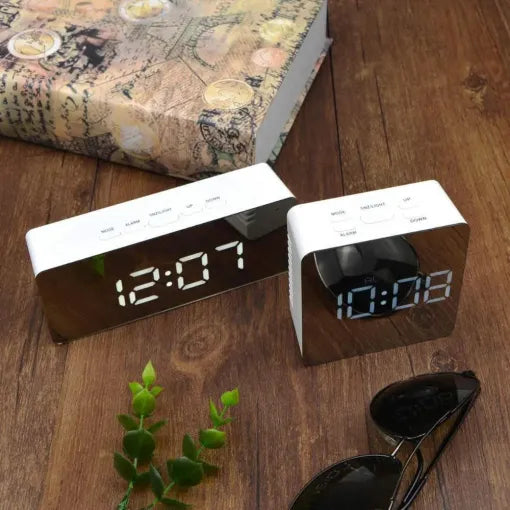 Digital Alarm Clock with Mirror and Nightlight, Bedside Clock with Temperature and Calendar