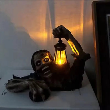 Zombie Figurine with LED Lantern, Fall Halloween Decor for Tabletop and Porch, Light Up Resin Zombie Decoration Indoor