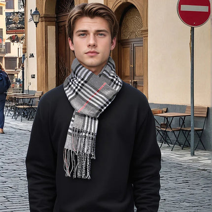 Cashmere Scarf for Men, Plaid Winter Scarf with Tassels