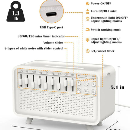 White Noise Machine with Humidifier and Night Light, 8 Sound Bluetooth Speaker and Aroma Diffuser for Bedroom and Travel