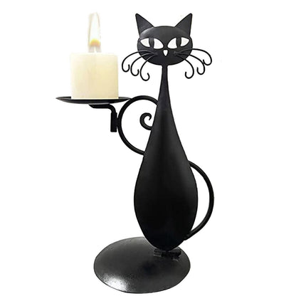 Cat Candle Holder Black Iron, Decorative Candlestick Holder with Tail Handle for Pillar Candles