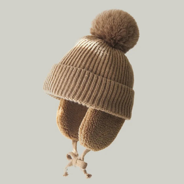 Kids Knit Beanie Winter Hat with Earflaps, Fleece Lined Pompom Beanie