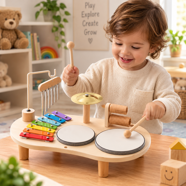 Wooden music station for toddlers, musical toy set with drum, xylophone, tambourine, maracas, ages 2-6