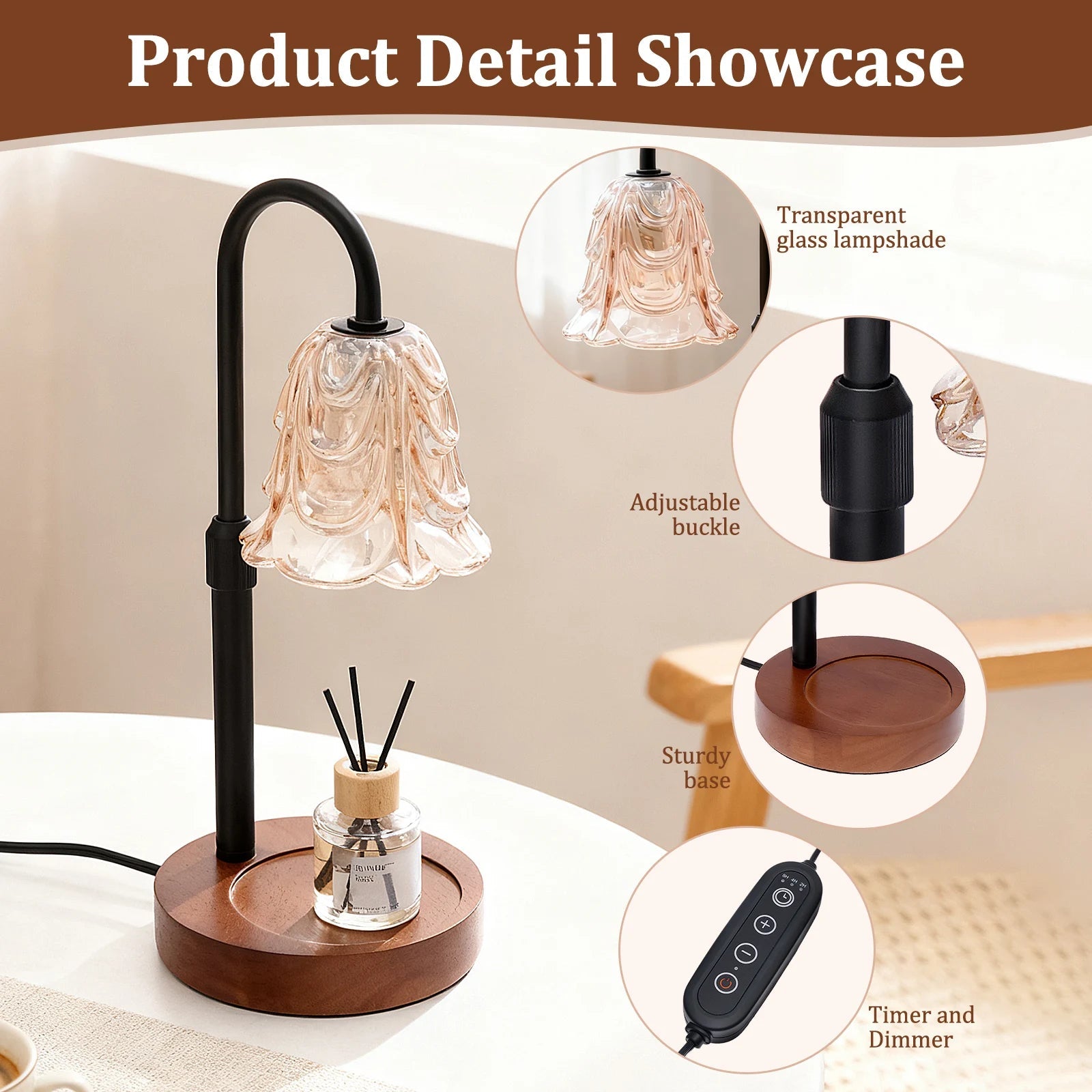 Tuzwa Candle Warmer Lamp – Dimmable Flower Wax Warmer with 2/4/8H Timer, Adjustable Height & Wooden Base for Jar Candles