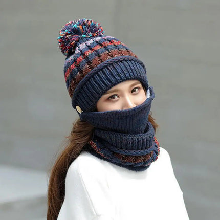 Knitted Hat Scarf Set with Velvet Lining, Pom Pom Beanie with Detachable Face Guard, Warm Beanie Scarf Set
