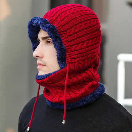 Winter Knit Hat Balaclava with Attached Scarf, Fleece Lined Neck and Ear Warmer for Men and Women