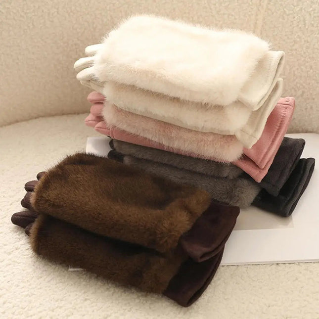 Winter Gloves for Women and Men, Touch Screen Gloves with Suede and Rabbit Fur Trim