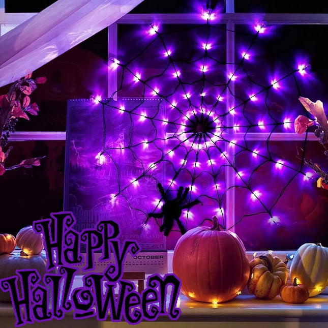 Halloween Spider Web with Lights, LED Spider Web Decoration with Black Spider
