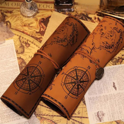Vintage Leather Pencil Case, Roll Up Treasure Map Stationery Pouch for School and Office, PU Leather Pen Organizer Bag