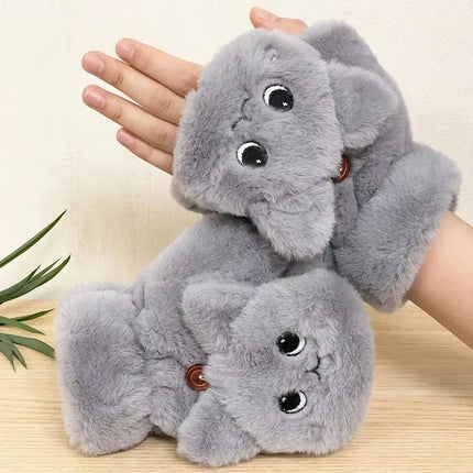 Fingerless Gloves with Flip Mitten Cover, Plush Animal Cold Weather Gloves