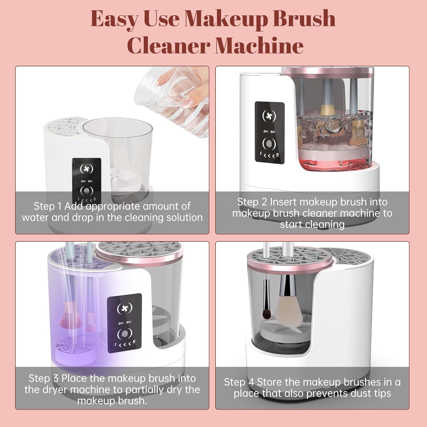 Tuzwa Electric Makeup Brush Cleaner & Dryer – Automatic High-Speed Spinning Brush Cleaning Machine with Multiple Silicone Collars