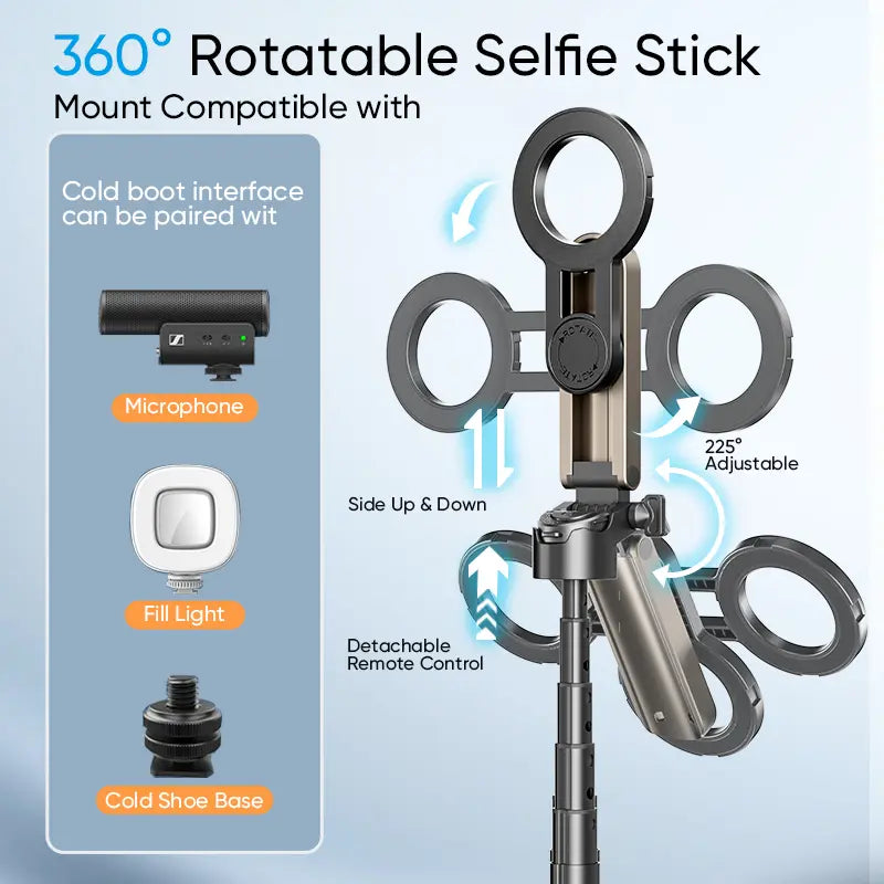 Tuzwa Magnetic Selfie Stick Tripod – N52 Phone Mount with Wireless Remote, 360° Rotation, 225° Tilt, 4-Leg Tripod & Cold Shoe Mount